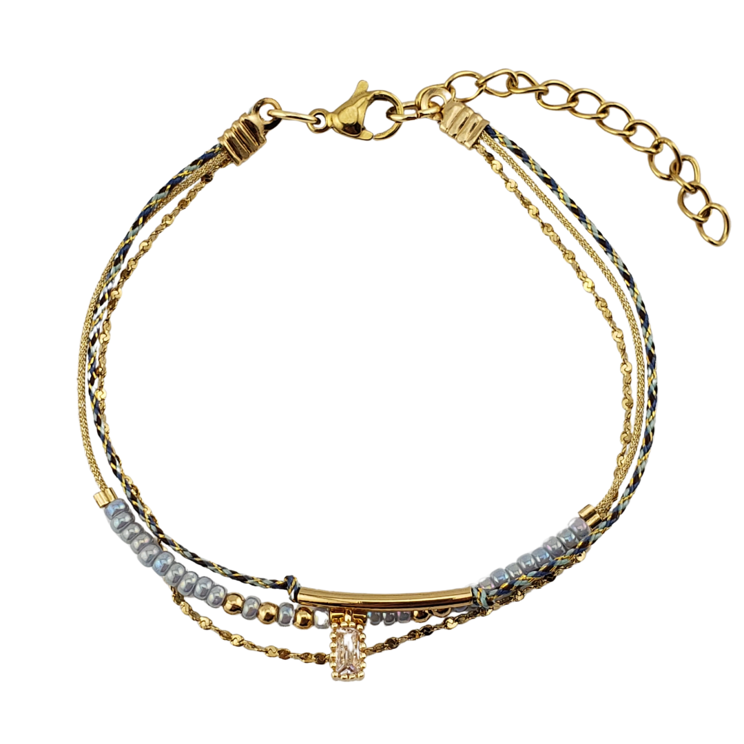 Pulsera triple hilo con cadena y baguette