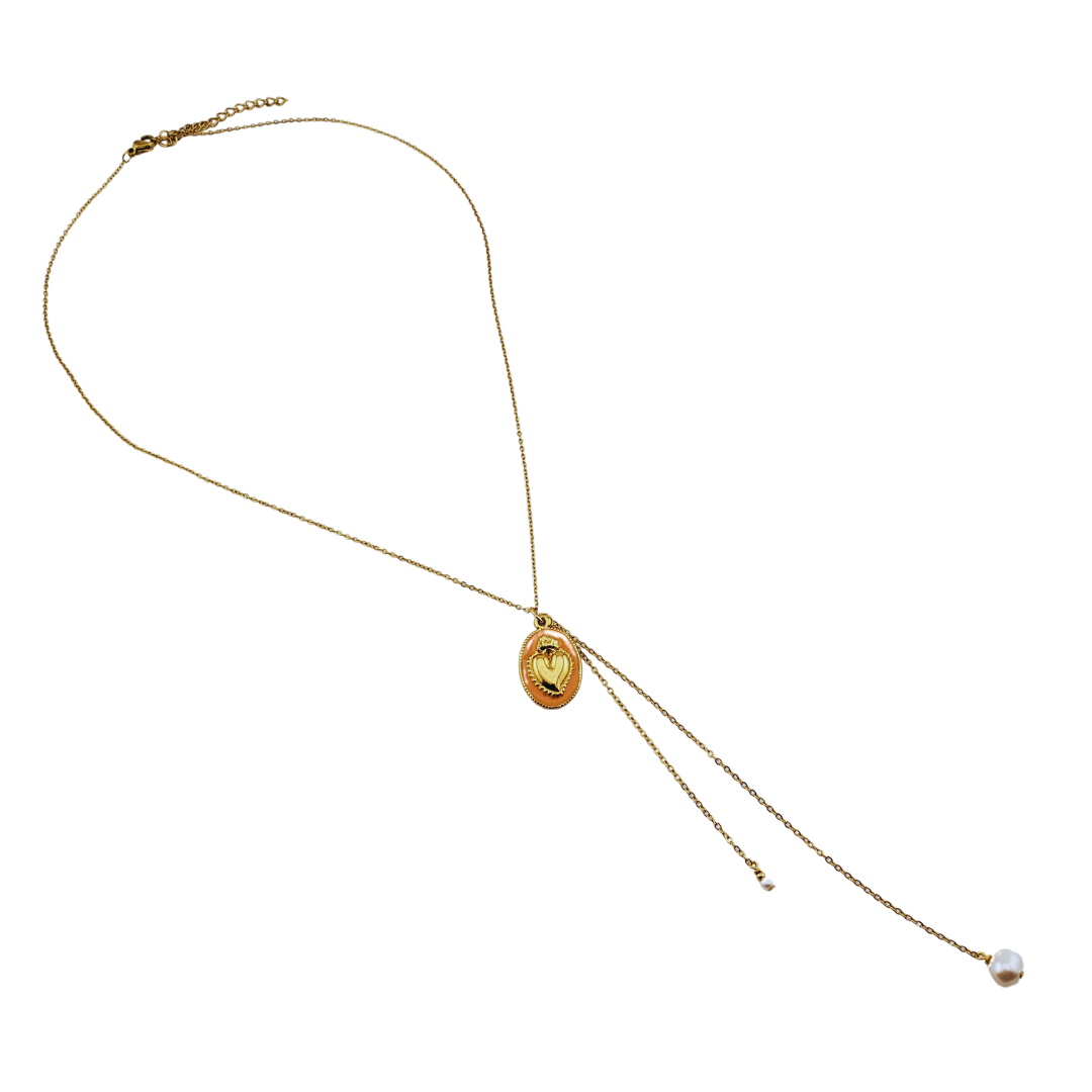 Cadena Lariat corazon y perlas