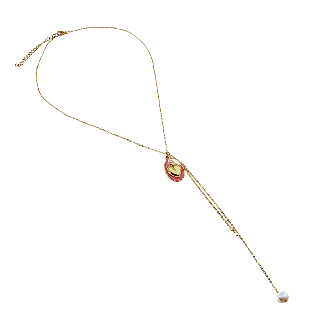 Cadena Lariat corazon y perlas