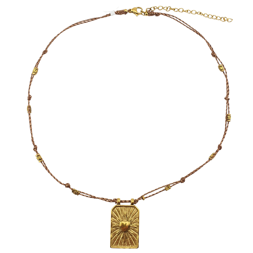 Collar de hilo doble nudos palo de rosa y placa sagrado