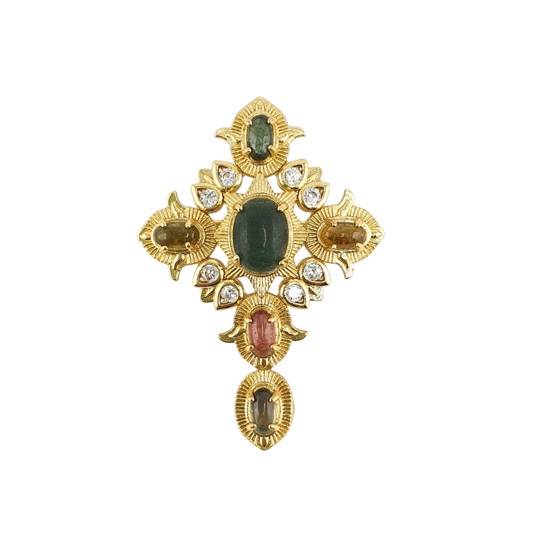 Broche cruz piedras verdes