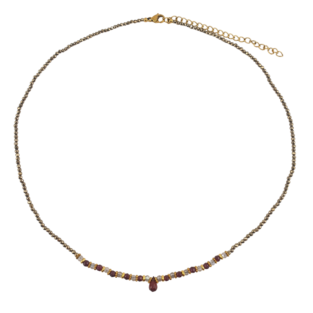 Collar frente gota granate y piedra luna pririta