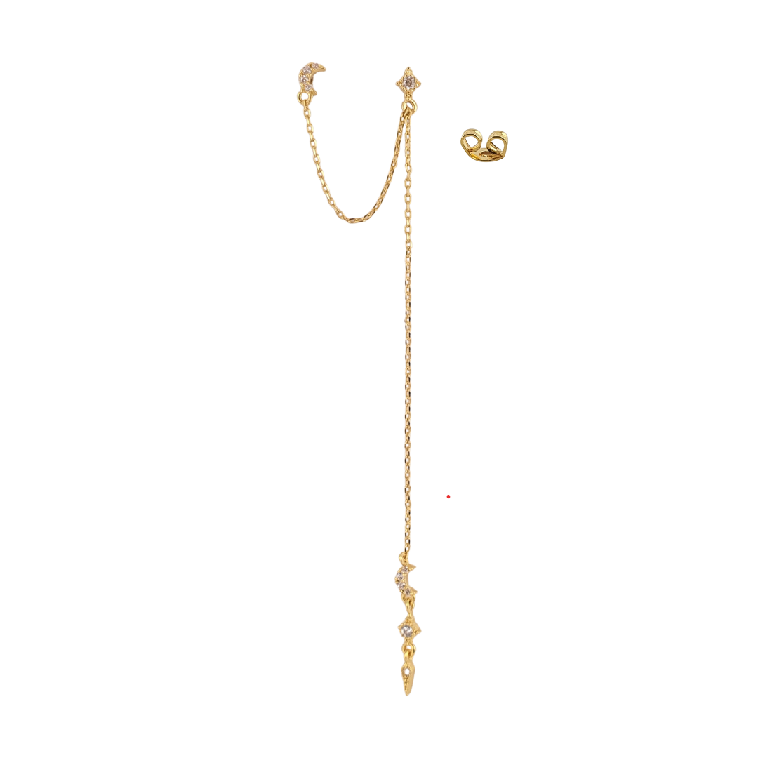 Arete doble largo lunas cadenas spike rombos punto luz