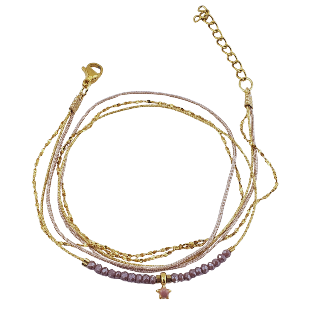 Pulsera 2 vueltas 2 hilos y cadena con corazon o estrella