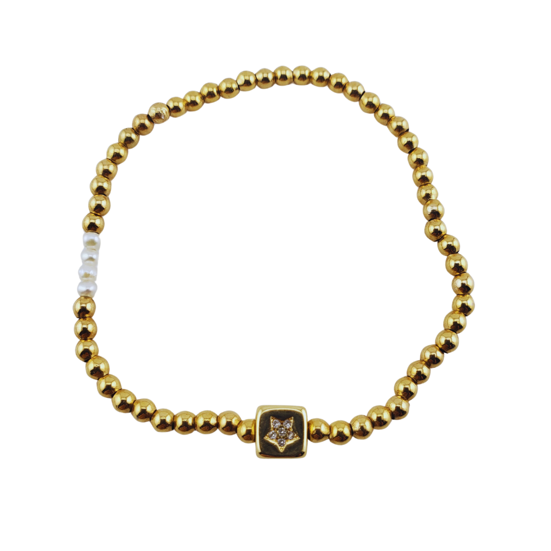 Pulsera bimetal cubo estrella perlitas