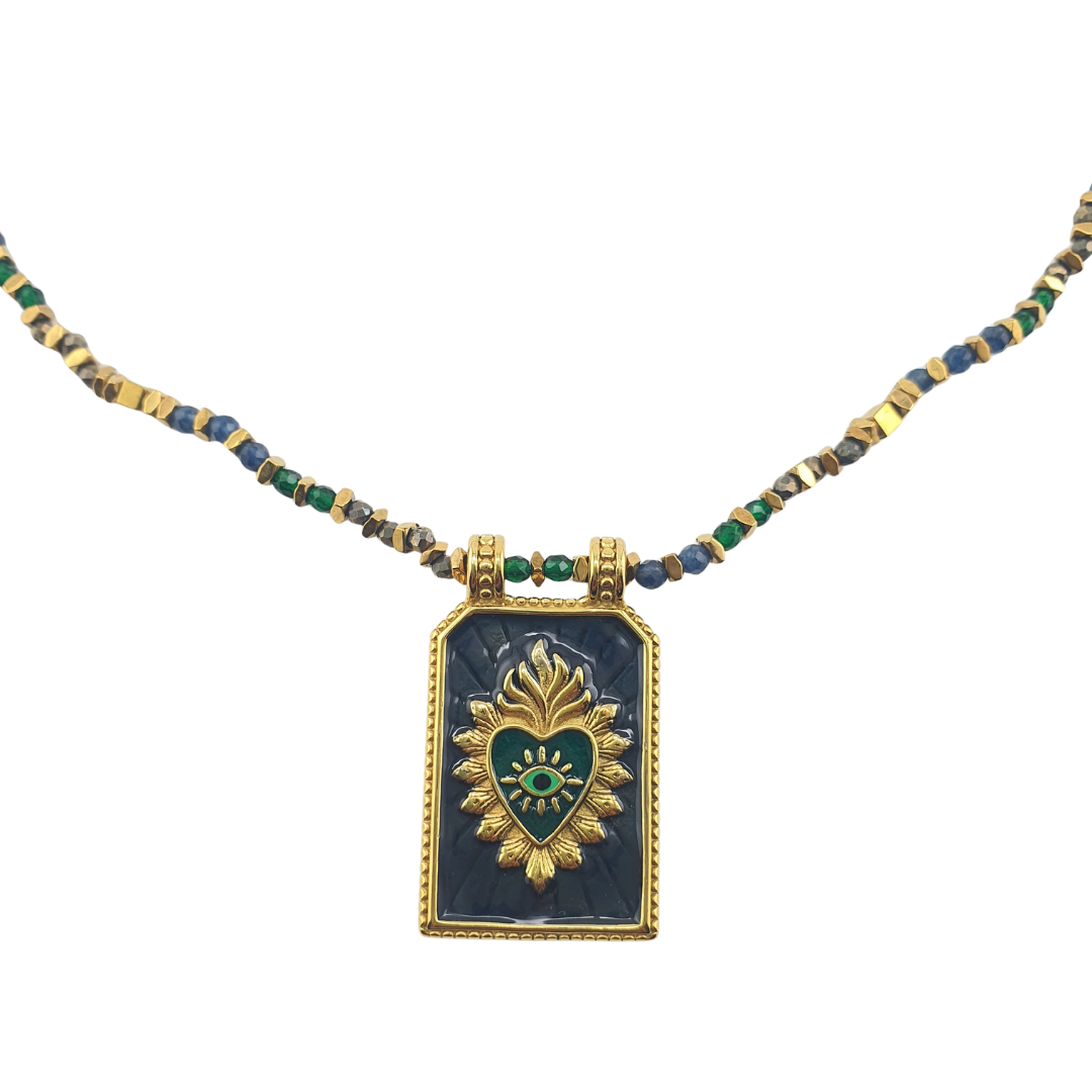 Collar de rombos con agatas y placa sagrado