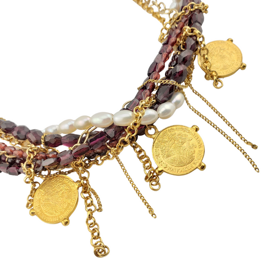 Collar 5 tiras granate perlas barrocas josefas checos