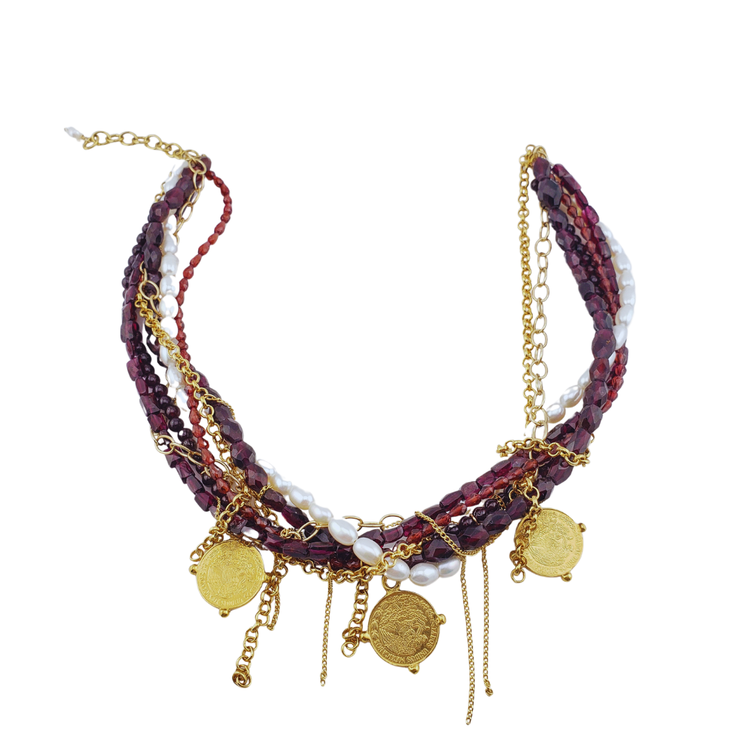 Collar 5 tiras granate perlas barrocas josefas checos