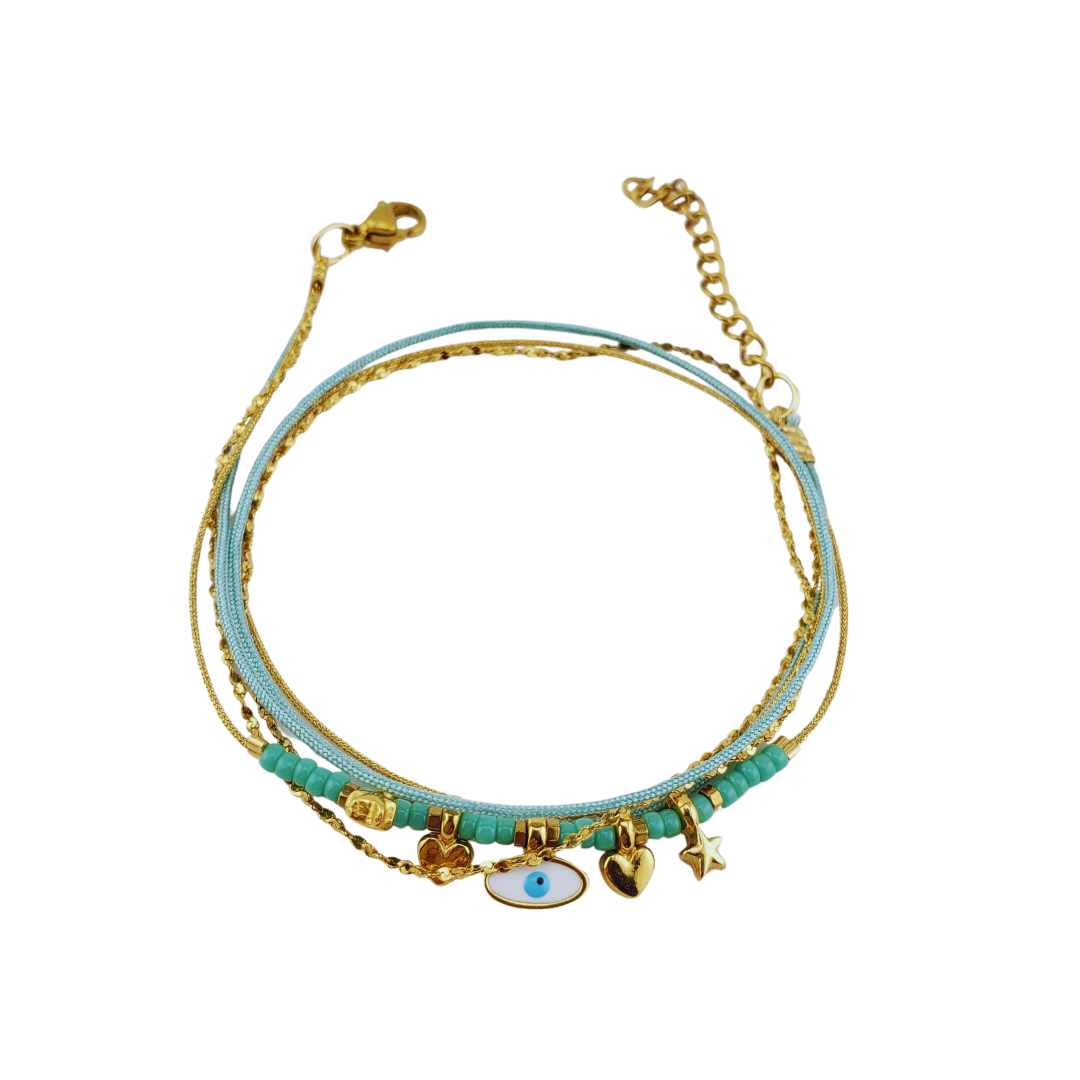 Pulsera 2 vueltas estrella, ojo y corazon