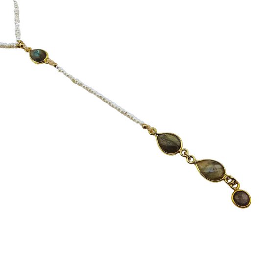 Lariat perlas rio, labradoritas enmarcadas