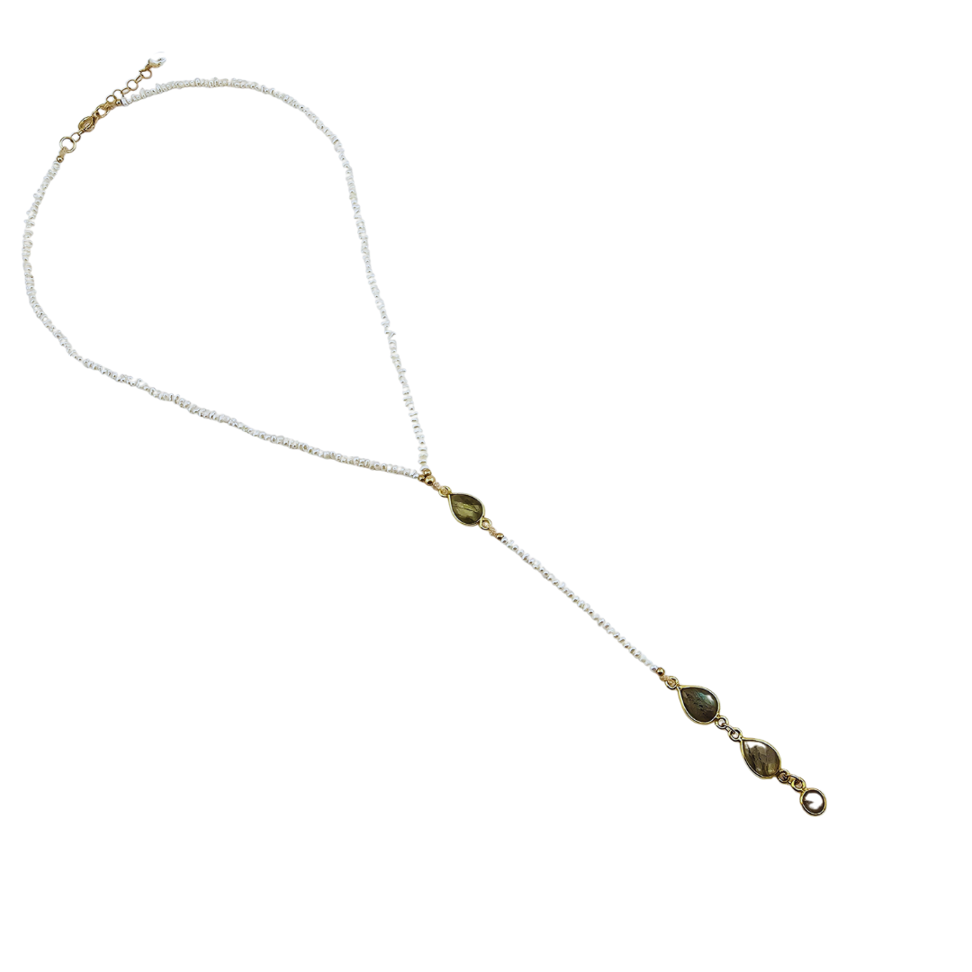 Lariat perlas rio, labradoritas enmarcadas