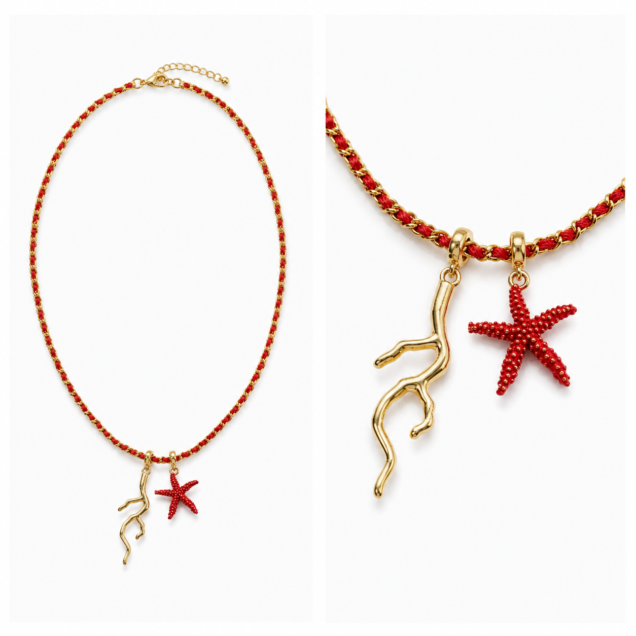 Cadena tejida con estrella de mar y coral