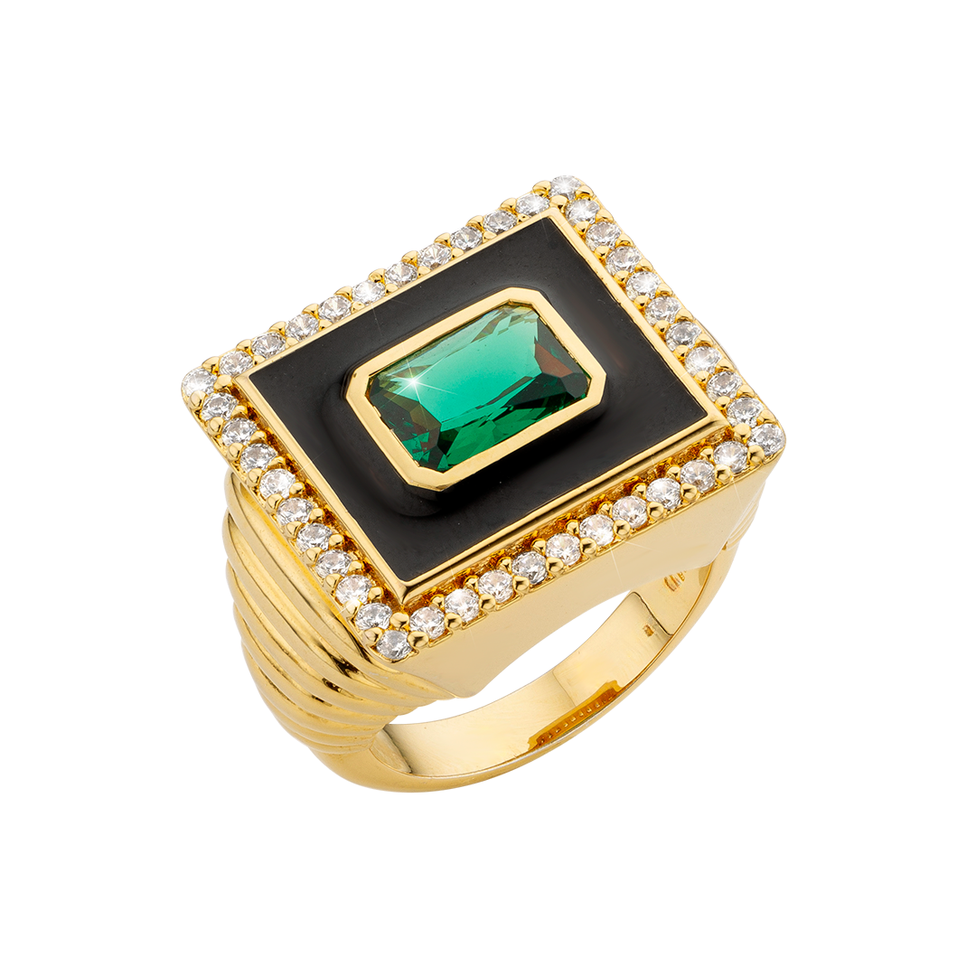 Anillo rectangular centro circonia verde marco negro