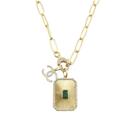 Cadena broche frente rectangulo rayos circonias verde CC