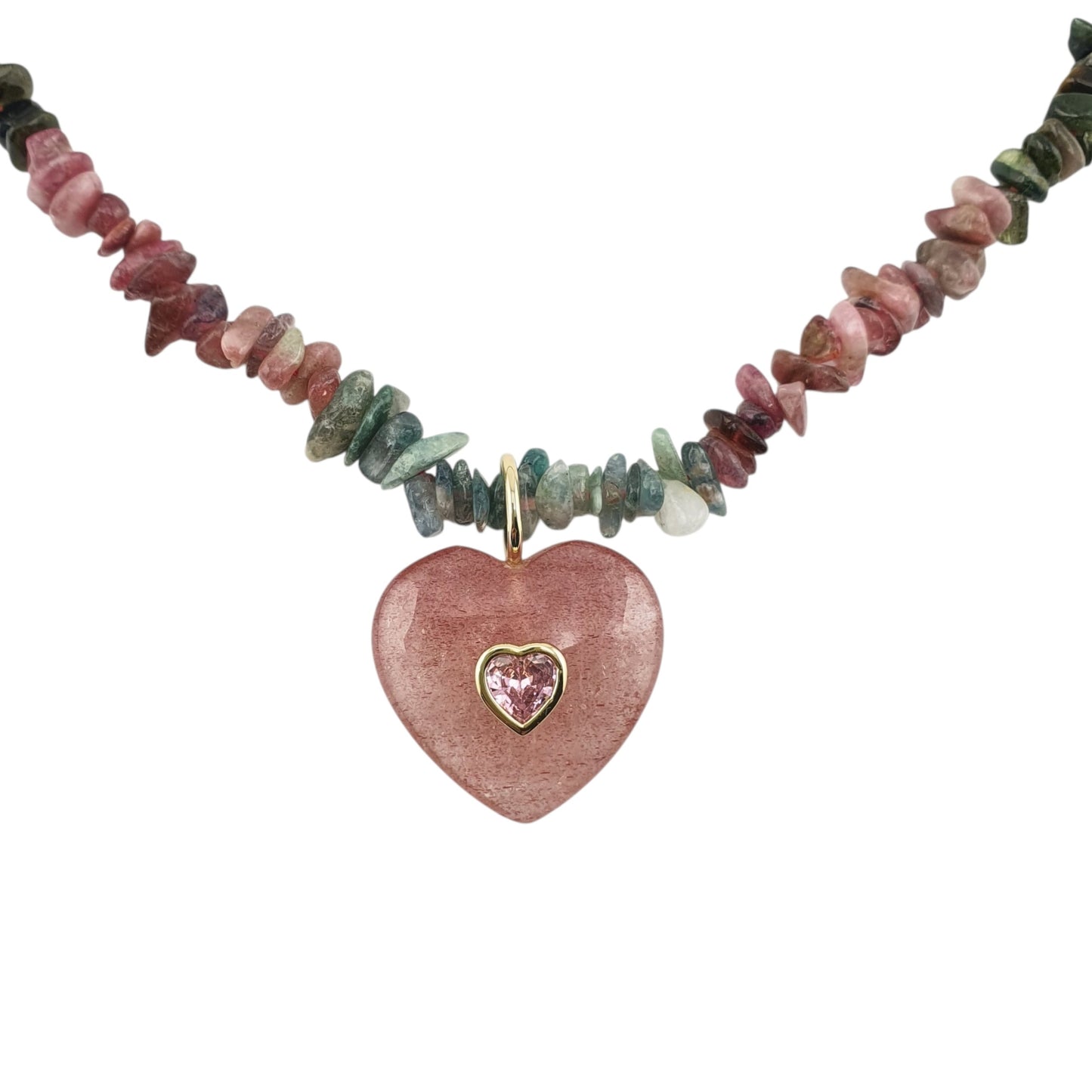 Collar pukka turmalina irregular corazón quarzo fresa