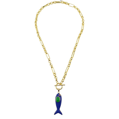 Cadena link 5 aros broche pez azul calcedonia