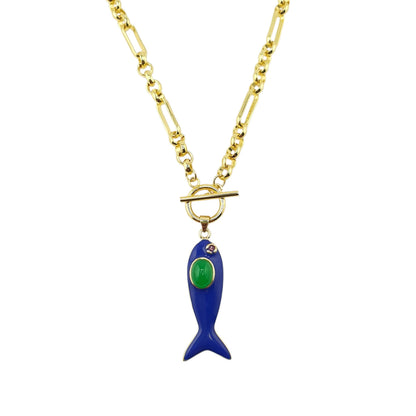 Cadena link 5 aros broche pez azul calcedonia