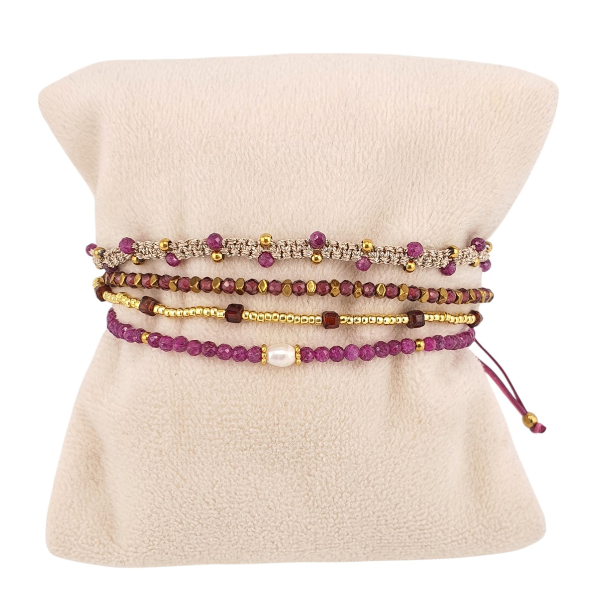 Pulsera 4 tiras rubi granate perla