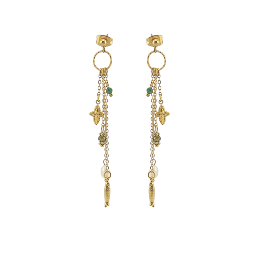 Aretes con circulo y cadena pez perla