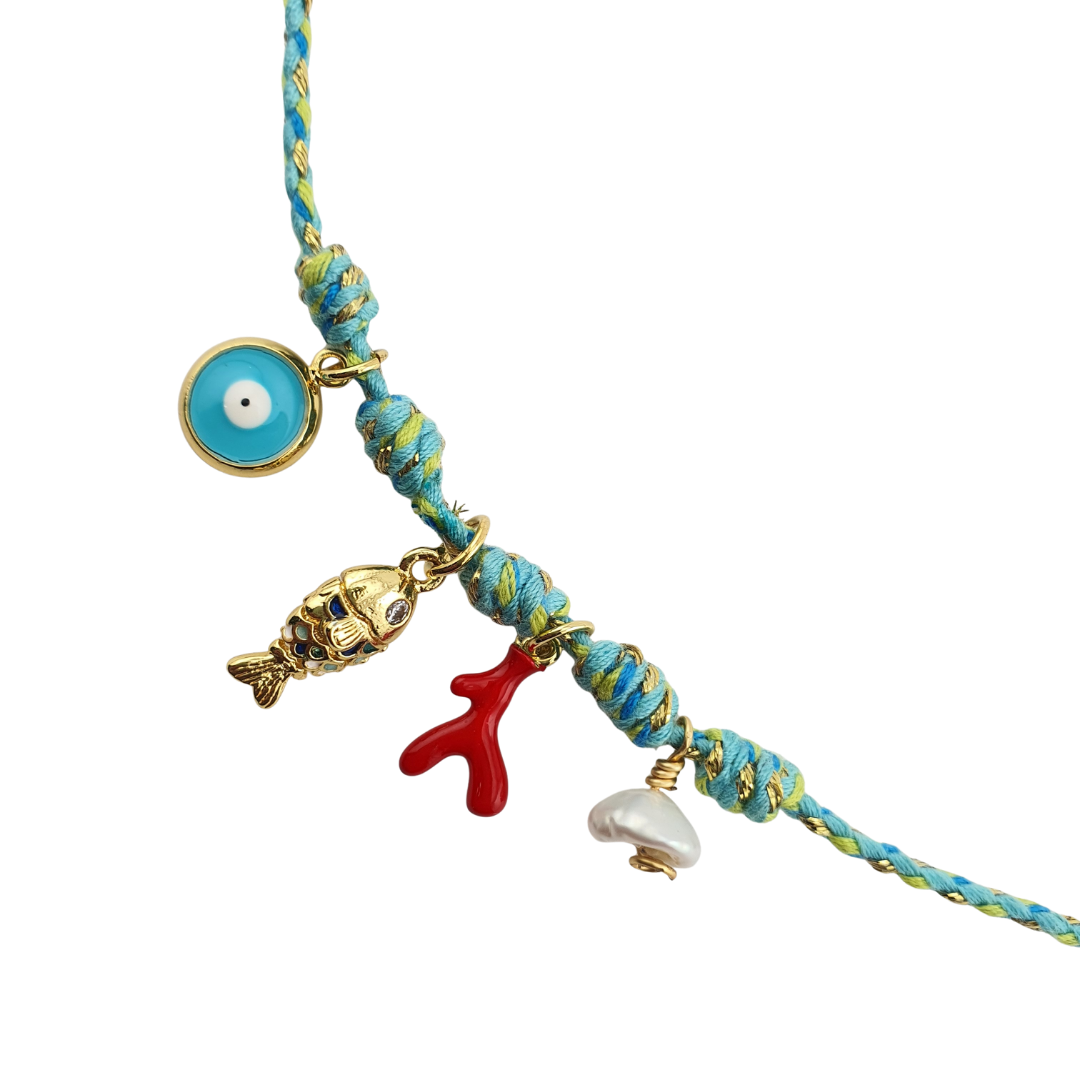 Collar Cordon turquesa perla pez coral ojo
