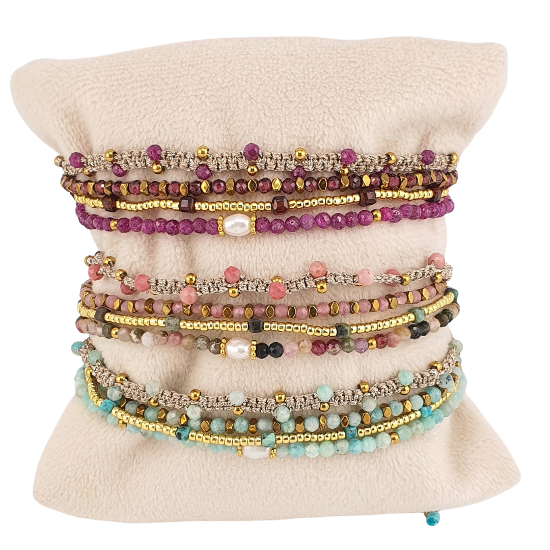Pulsera 4 tiras rubi granate perla