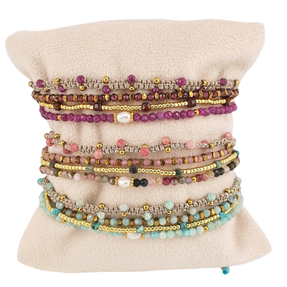 Pulsera 4 tiras rubi granate perla