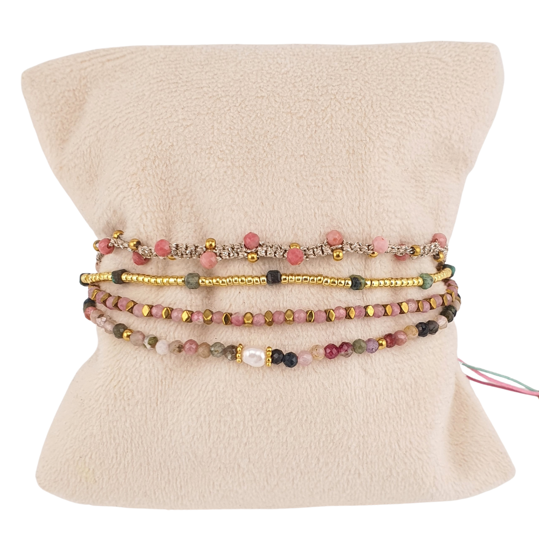Pulsera 4 tiras rubi granate perla