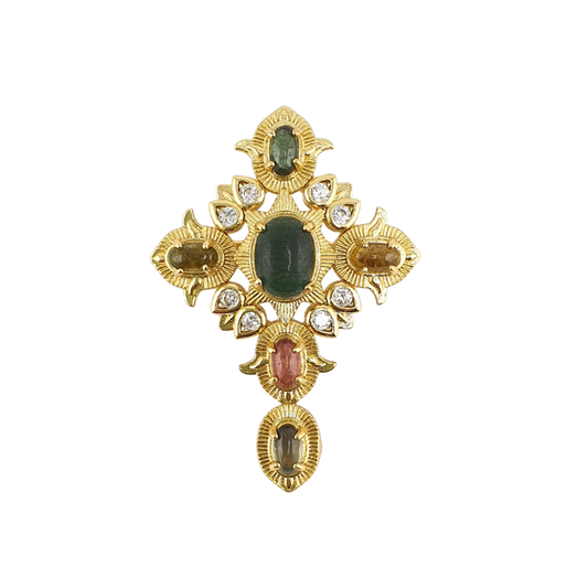 Broche cruz piedras verdes