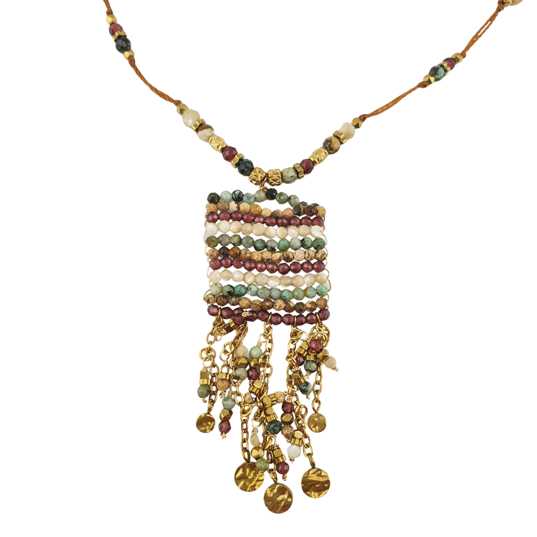 Collar largo hilo bolsita colgantes turmalinas prenhita jaspe verde