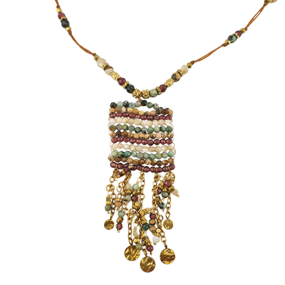 Collar largo hilo bolsita colgantes turmalinas prenhita jaspe verde