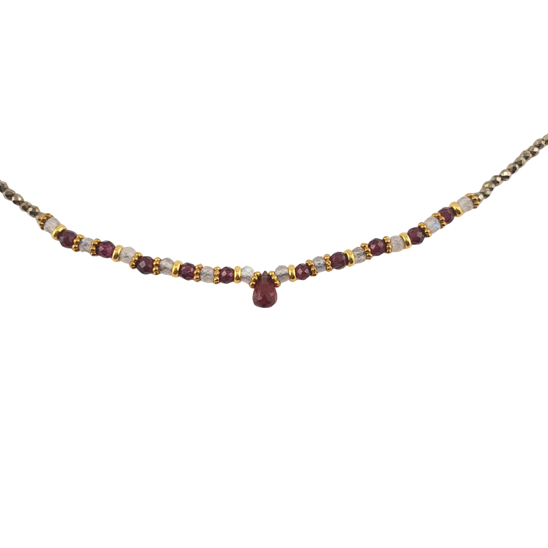 Collar frente gota granate y piedra luna pririta
