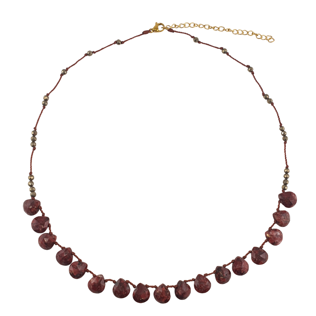 Collar hilo gotas gdes granate rodolita y pirita