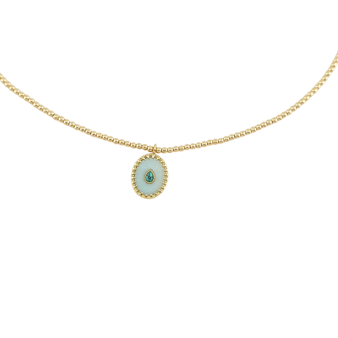 Collar  bolitas  2mm  medallon  CH  aqua  y  turquesa