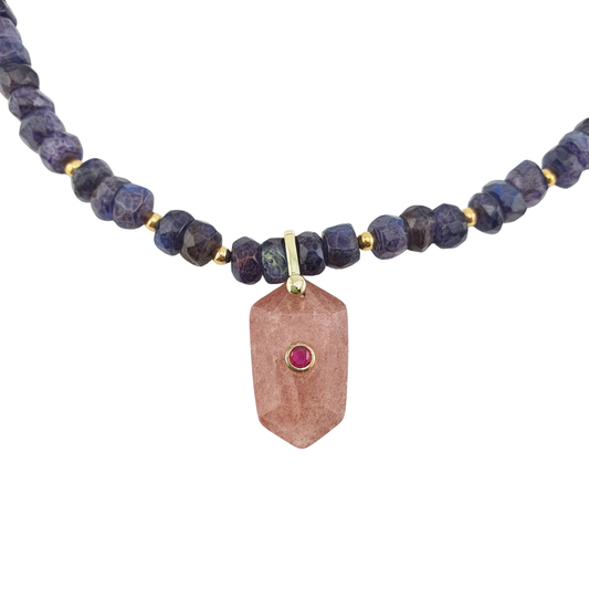 Collar Iolita azul y quarzo rosa
