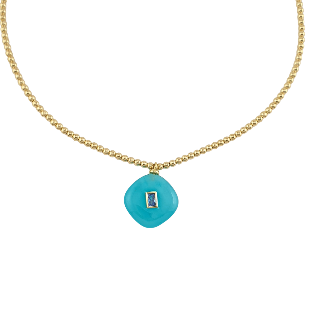 Collar  bolitas  2mm  rombo  aquamarina