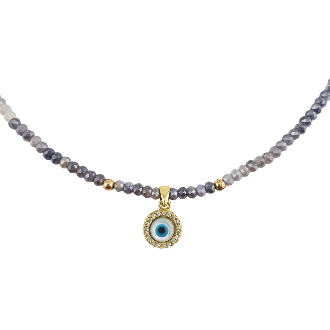 Collar Iolita cardierita ojo circonias turquesa