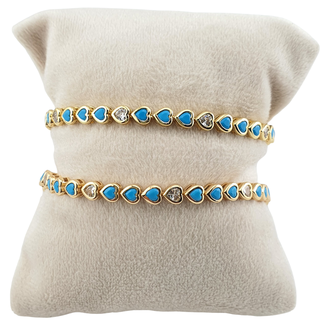 Pulsera corazones circonias turquesa