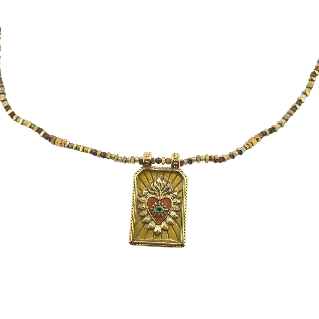 Collar de rombos con agatas y placa sagrado