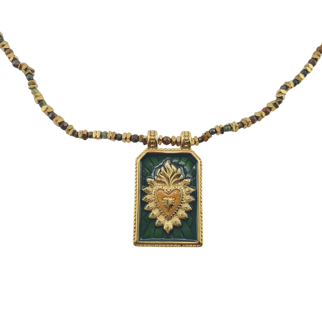 Collar de rombos con agatas y placa sagrado