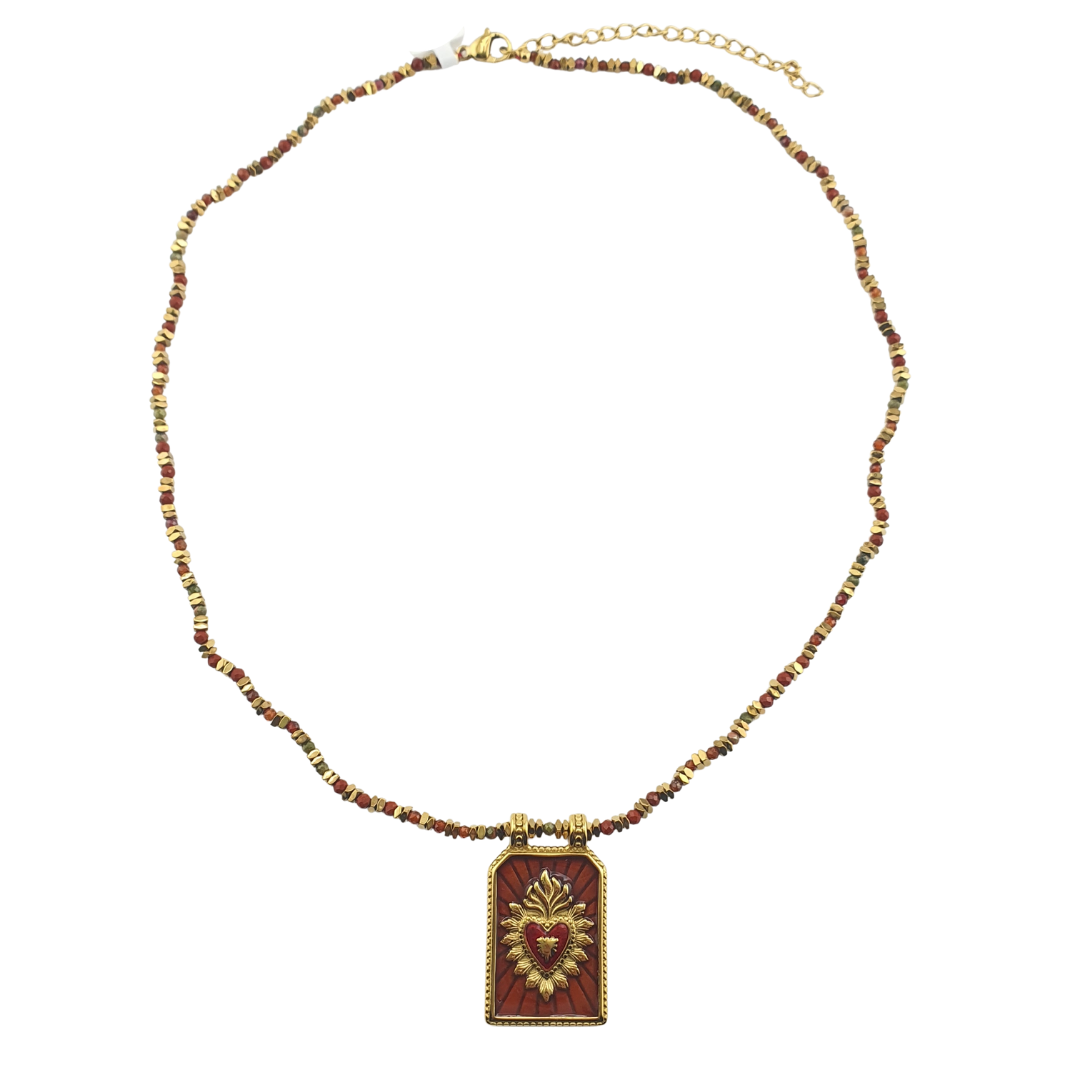 Collar de rombos con agatas y placa sagrado