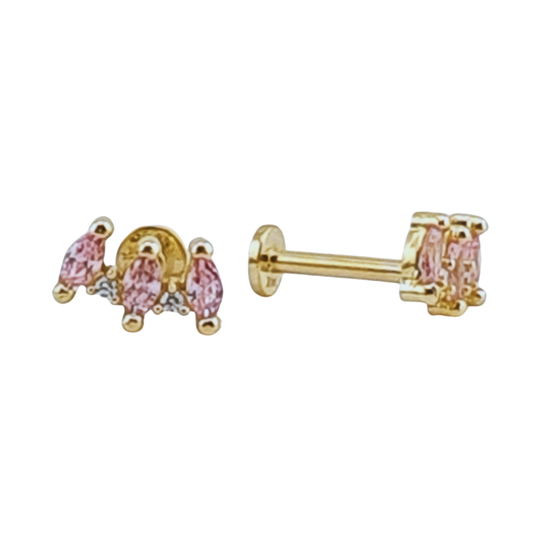 Arete ovalos rosa y punto luz oro