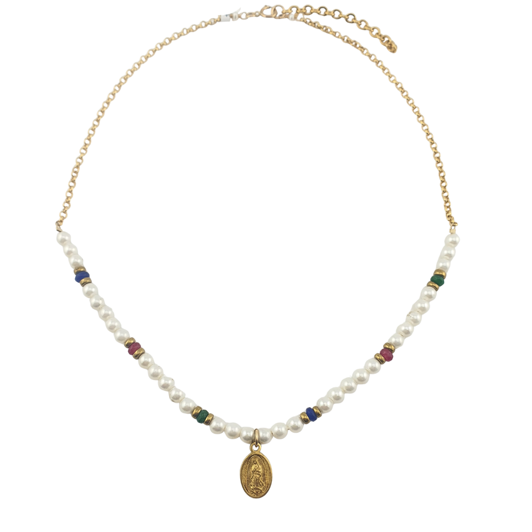 Cadena Guadalupe perlas esmeralda rubi zaphire