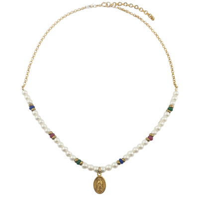 Cadena Guadalupe perlas esmeralda rubi zaphire