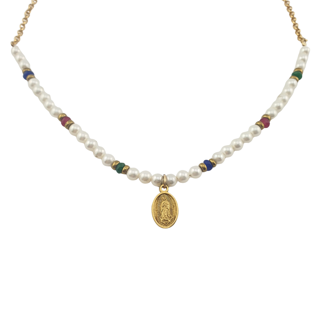 Cadena Guadalupe perlas esmeralda rubi zaphire