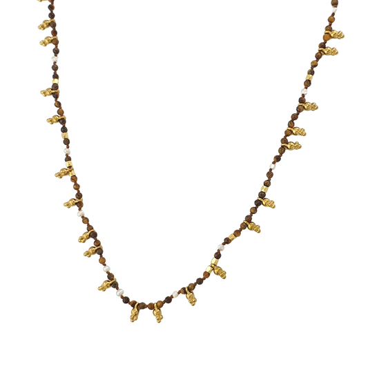 Collar largo perla y sonaja ojo tigre