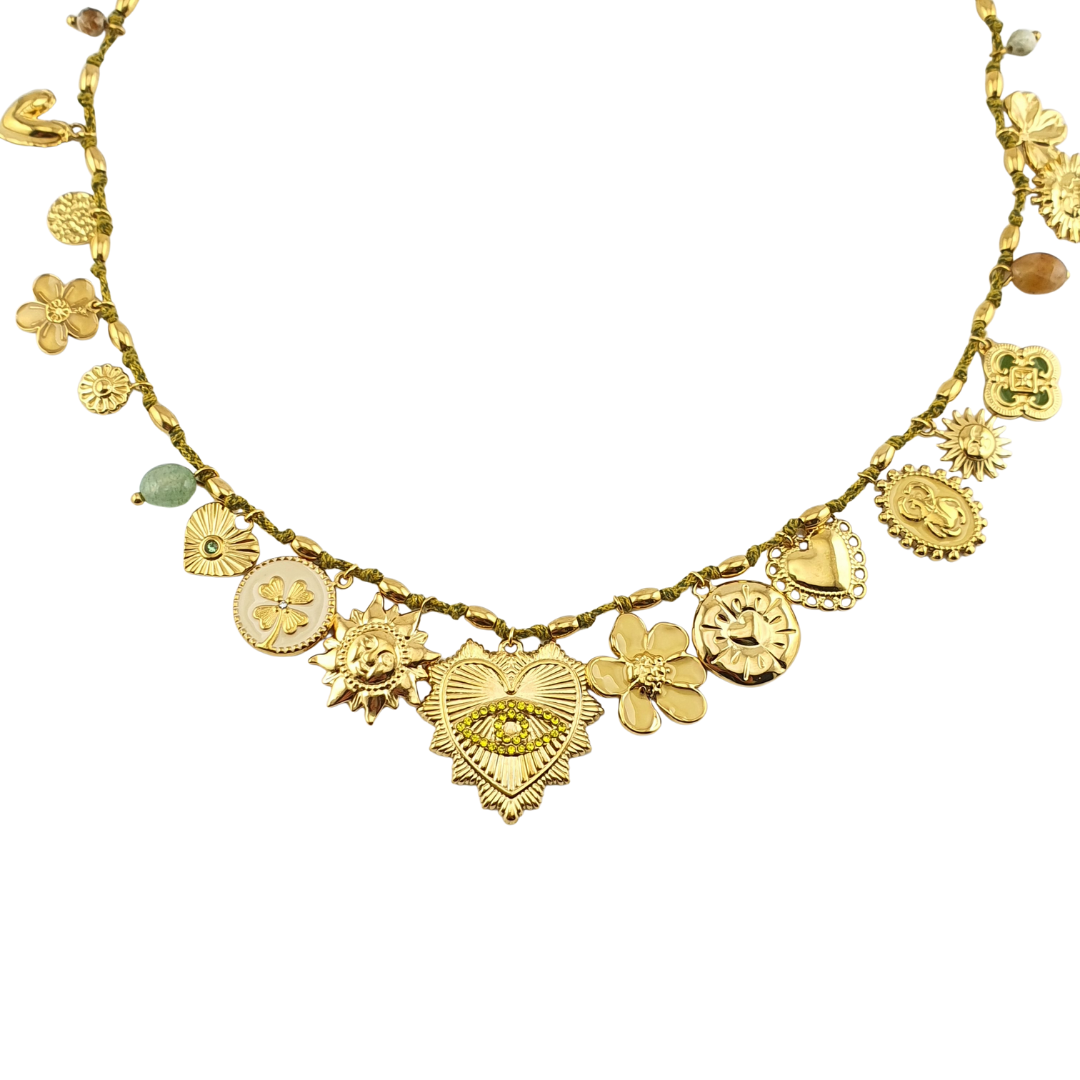 Collar hilo amarillo  charms menta mostaza