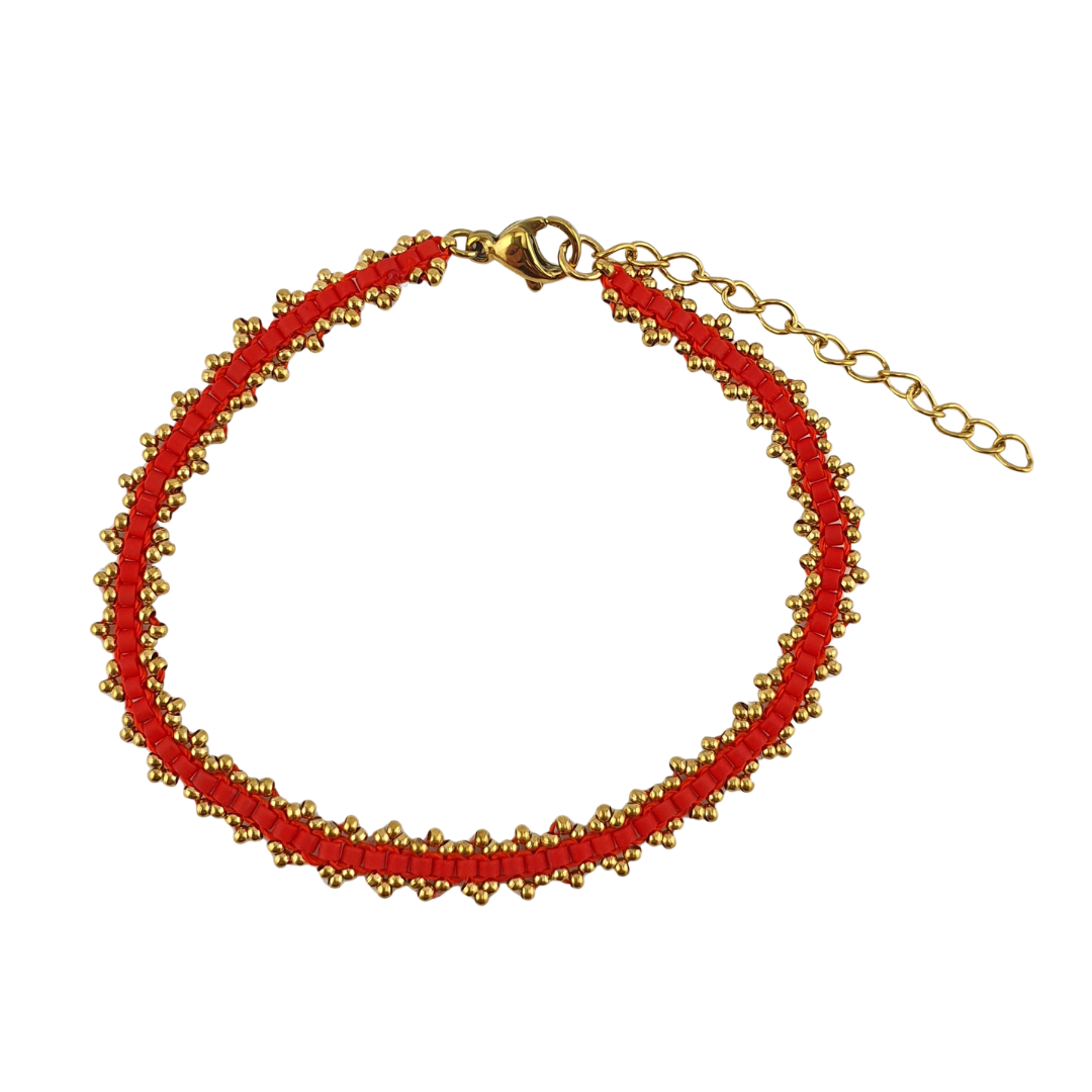 Pulsera cristales rojo mate y dorado lateral
