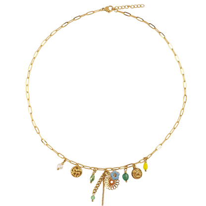 Cadena mini charms verde flor trebol perla moneda