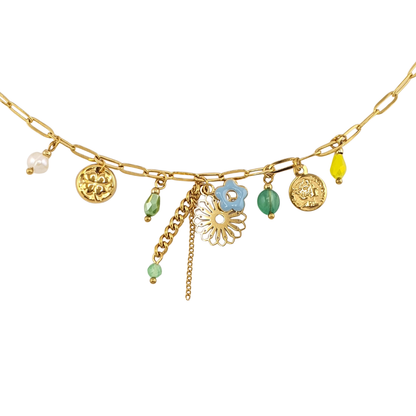 Cadena mini charms verde flor trebol perla moneda
