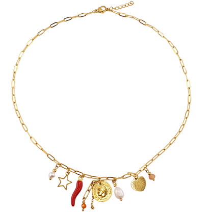 Cadena mini charms moneda cuerno abundancia estrella